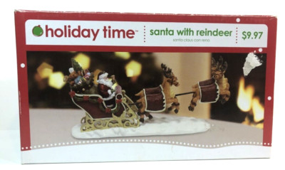 Holiday Time Santa With Reindeer Ceramic Figure w/Box Free Shipping