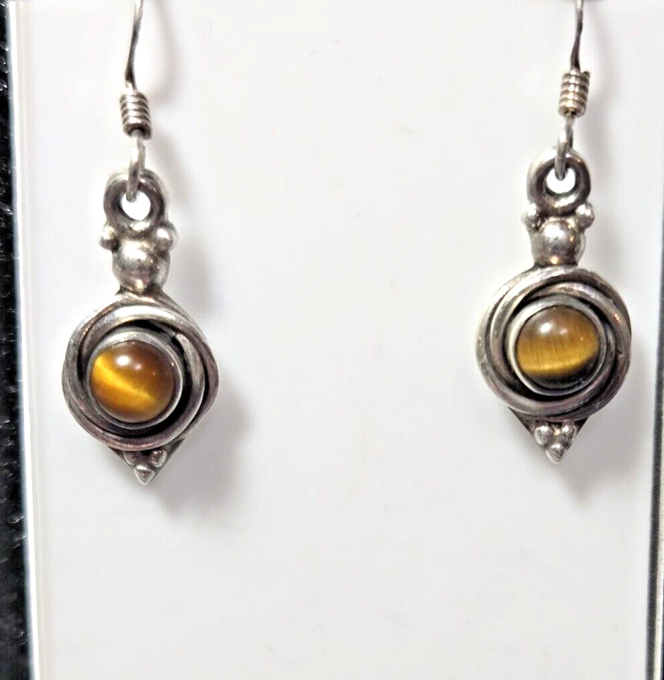 Vintage Tiger Eye Gem Stone Stamped 925 Sterling Silver Dangle Hook Earrings - Image 3 of 4