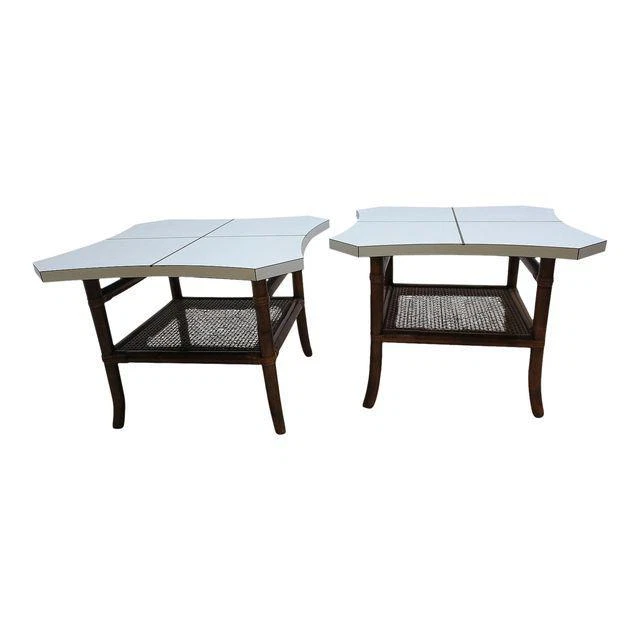 pair vintage mid century rattan brass inlay lamp end tables regency bamboo - Image 2 of 4