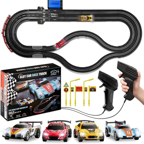 Electric Slot Car Race Track Set w/ 4 Cars 2 Remotes Lap Counter Age 8