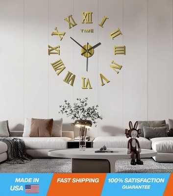 3D Acrylic Wall Clock - DIY Roman Numerals - Large Modern Mirror Clock (Gold)