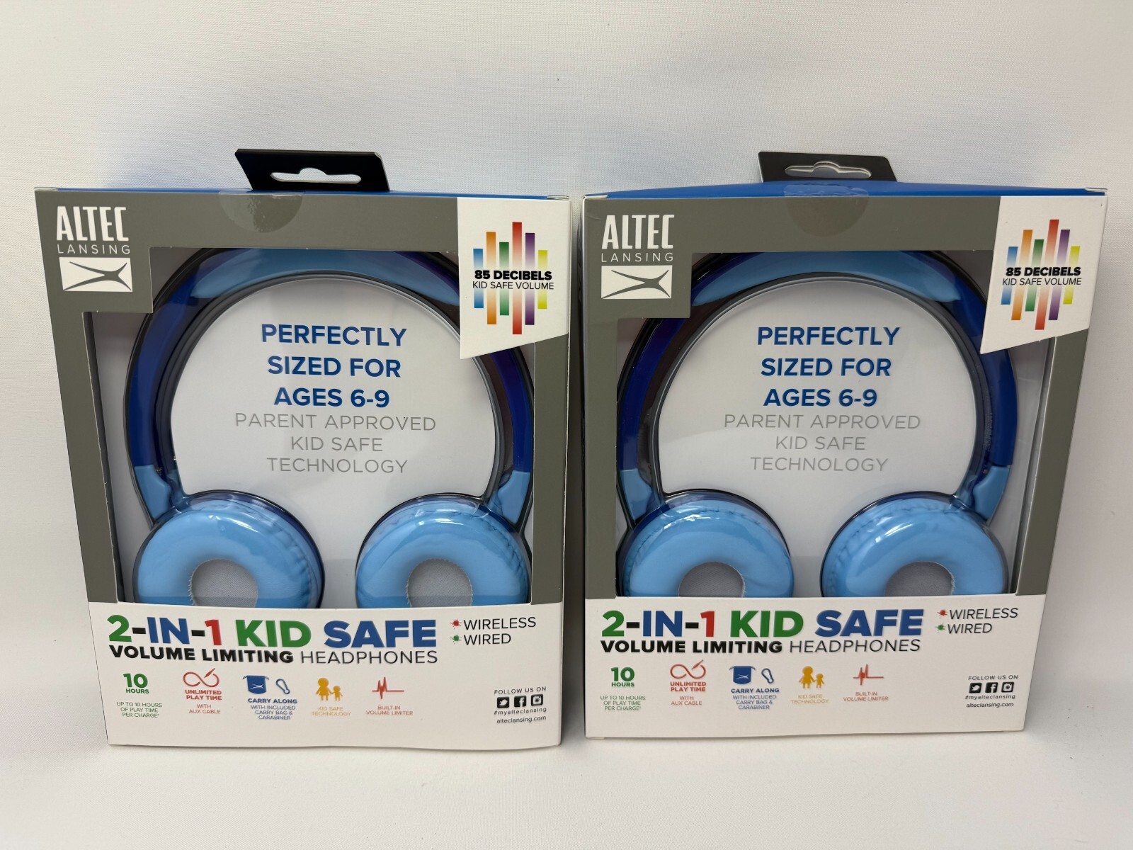 2 Pack Altec Lansing Kid Safe 2-in-1 Bluetooth Wireless Blue Kid's Headphones