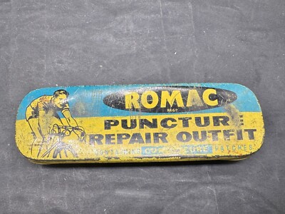 VINTAGE ROMAC PANNEN REPARATUR OUTFIT BLECHDOSE RADFAHREN FAHRRAD PATCH KIT