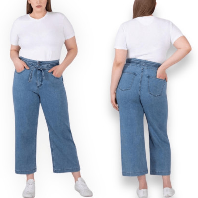 Silver Belted High Rise Wide Leg Crop Jeans Plus Size 12 Women s Indigo Blue