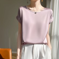 Women's Silk Satin Blouse Tops Short Sleeve Round Neck Casual T-Shirts Plus Size