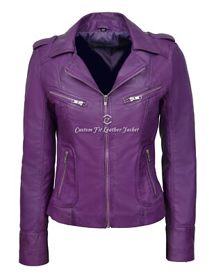 Lila Damen Biker Style Slim Fit weiches Lammleder 100% ECHT Leder Jacke 9823