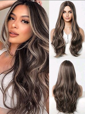 Light Brown Wig With Waves, Long Brown Wig With Meches, Brown Long Wi