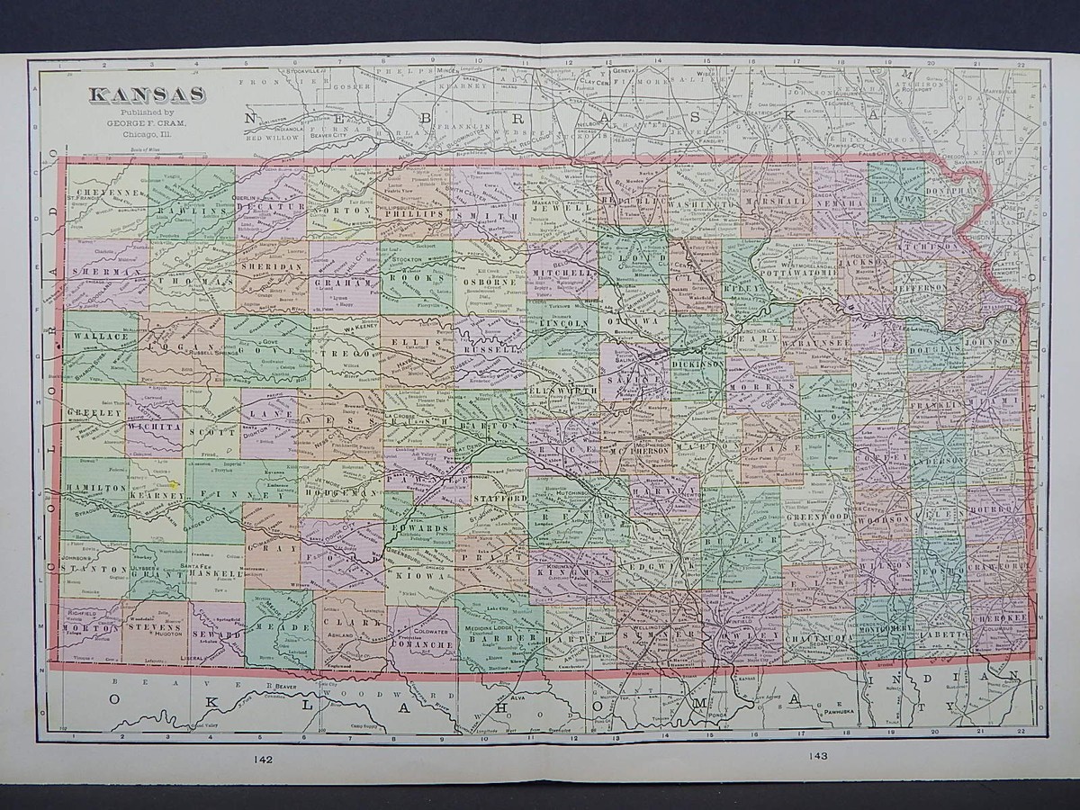 Kansas 1901 State Map, George F. Cram W18#24 | eBay