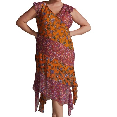 Anthropologie women's orange multicolor floral hanky-hem midi dress sz 12 |  eBay