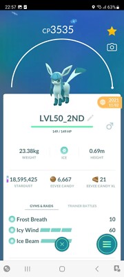PVP BEAST!   LVL50 REGULAR GLACEON w/2ºMOVE!!   - PKMN GO!!! - NOT REGISTERED!