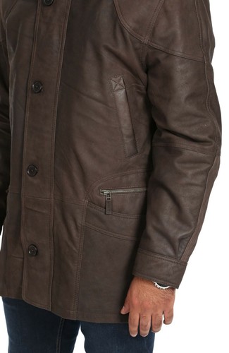 Mens Parka Soft Brown Nubuck Leather Jacket Classic Car Coat Mid Length Overcoat - Picture 8 of 9