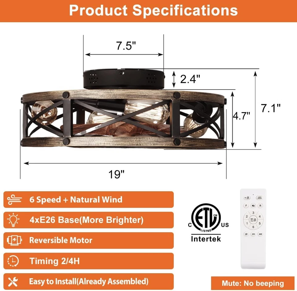 19" Farmhouse Flush Mount Caged Ceiling Fans with Lights, 6 Speeds, Rustic Low P - Image 3 of 4