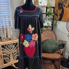 Vintage Go Softly Patio Charcoal Gray Strawberry Butterfly Floral House Dress