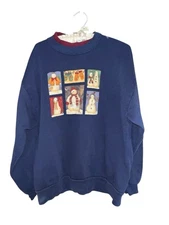 Vintage 90s Christmas Snowman Holiday Sweatshirt Grandma Core Navy L