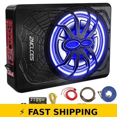 Znclces 10'' 1200W Slim Under Seat Powered Car Subwoofer - Blue LED