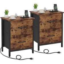  Nightstand Set of 2 with Charging Station, End Table Rustic Brown (2 Pack)