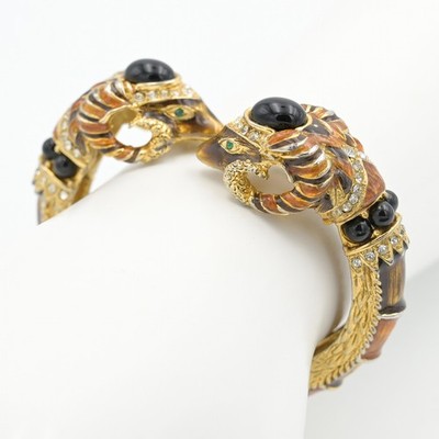 Craft Enameled Double Rams Head Gold Aries Clamper Bracelet Bangle