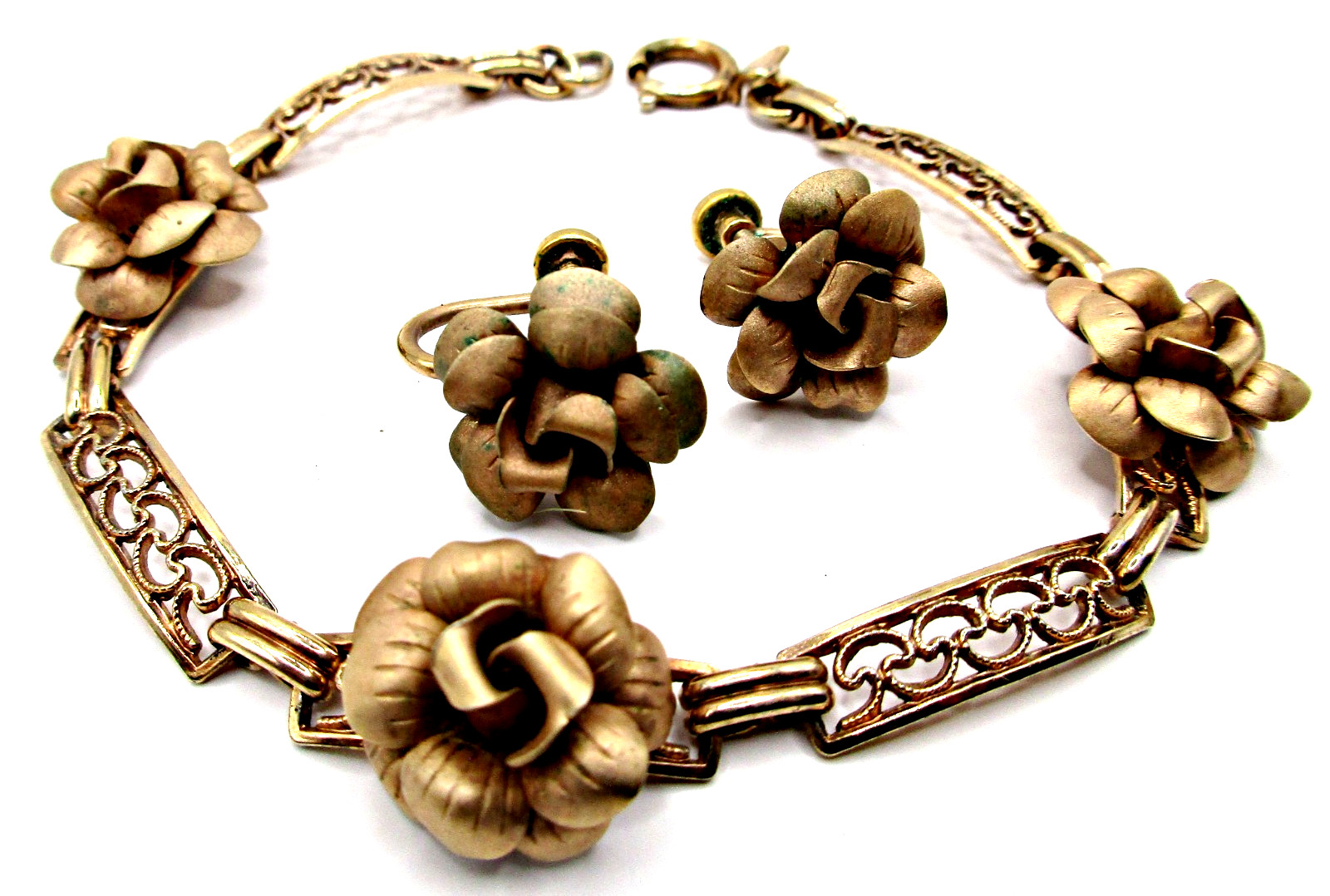 Vintage/Antique Signed AMCO 14K GO Roses Bracelet & Earrings Set Original Boxes