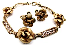 Vintage/Antique Signed AMCO 14K GO Roses Bracelet & Earrings Set Original Boxes