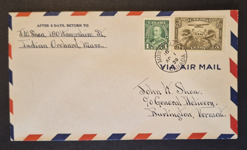 1939 First Flight Montreal Canada Burlington Vermont Air Mail FAM 1 F1-7 Cover