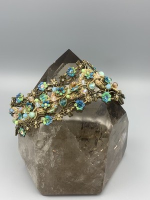 Michal Negrin Signed Vintage Crystal Floral Garden Bracelet Statement Jewelry