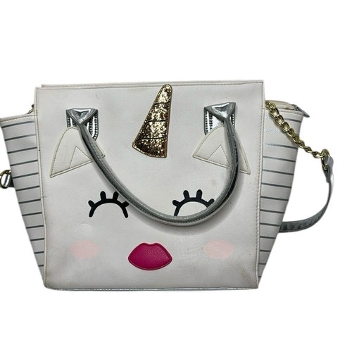 Betsy Johnson Unicorn 2-Way Satchel White/Silver Metallic Shoulder Bag.
