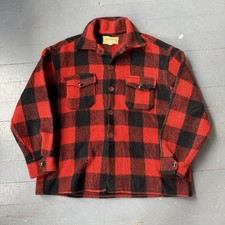 Vintage 60s Melton Wool Flannel Plaid Shirt Black Red Size Medium