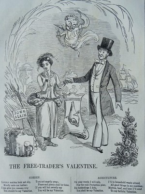 um 1850 COBDEN & LANDWIRTSCHAFT - DER FREIHÄNDLER VALENTINSTAG Original antiker Druck