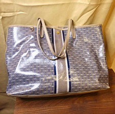 Tory Burch Logo Tote Bag Beige/Blue Coated Canvas Gold Hardware Magnetic