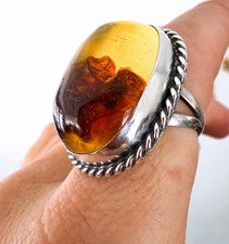 Vintage Sterling Silver Baltic Amber Statement Ring Size 8.5
