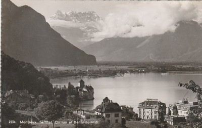 Montreux Territet Schloss Chillon Dents-du-Midi RPPC Schweiz Postkarte
