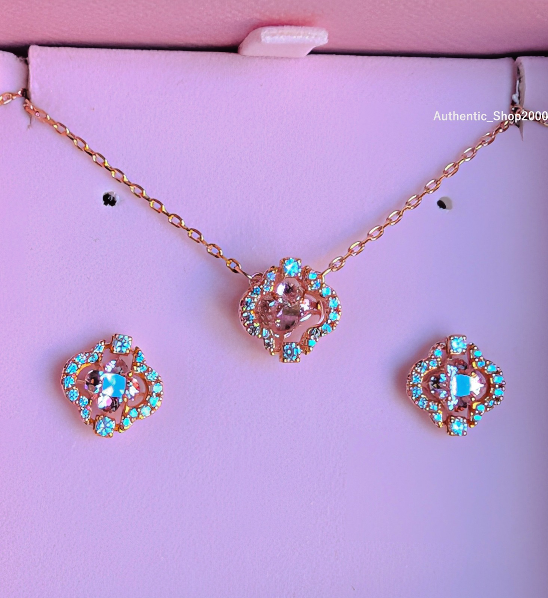 100% SWAROVSKI Rose Gold Sparkling Pink Clover Necklace + Earrings