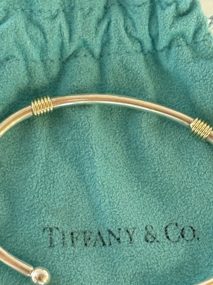 TIFFANY & CO STERLING SILVER 18K 750 YELLOW GOLD DOUBLE COIL 4mm CUFF BRACELET - Image 4 of 4