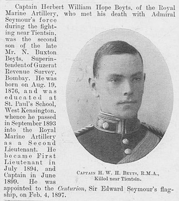 HERBERT WILLIAM HOPE BEYTS Royal Marine Killed at Tientsin - Antique Print 1900