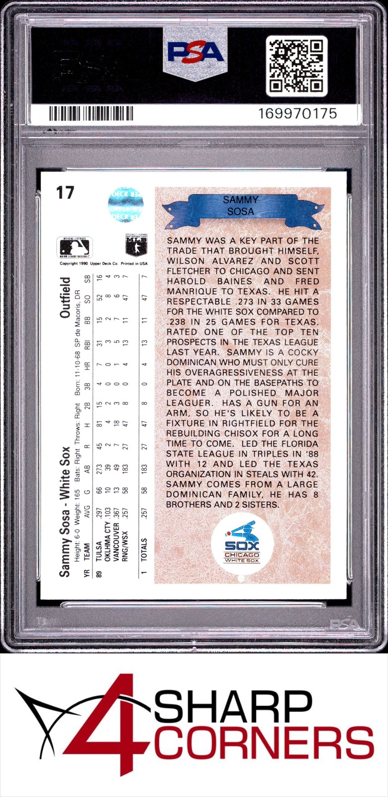 1990 UPPER DECK STAR ROOKIE #17 SAMMY SOSA RC WHITE SOX PSA 10 view 2