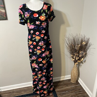Bobbie Brooks Women Black Multicolor Floral Stretch Long With Slit Maxi  Dress M | eBay
