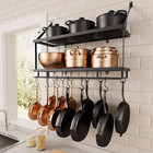 30-Inch Matte Black Kitchen Pot Rack with 12 Hooks and 2-Tier Wall Shelf