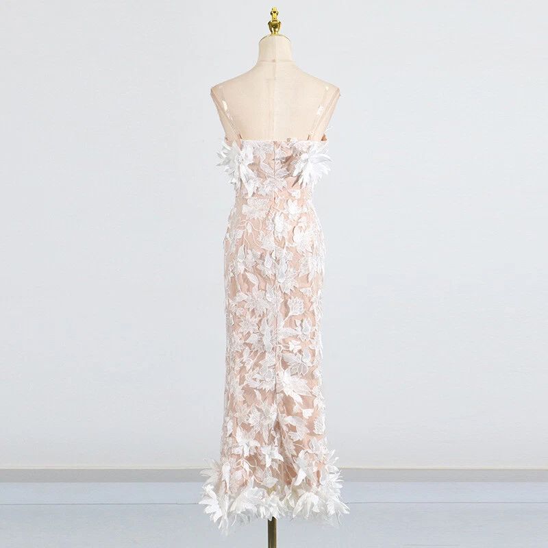 OFF WHITE Abito da festa retrò donna vestito senza spalline estivo nuovo abito lungo ricamo floreale