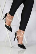 LADIES STUDDED STRAPPY HIGH HEEL POINTED TOE EVENING PARTY SHOES SIZES 3-8