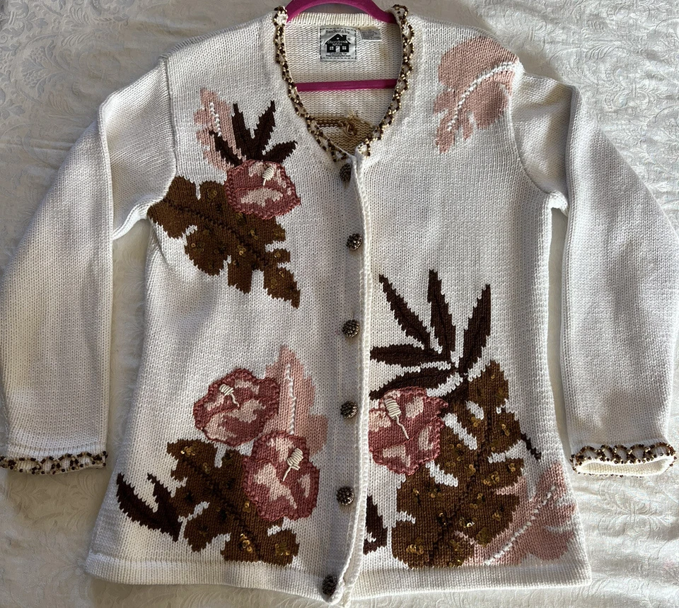 Винтажный Storybook вязаный скрытый леопард свитер кардиган Sz M