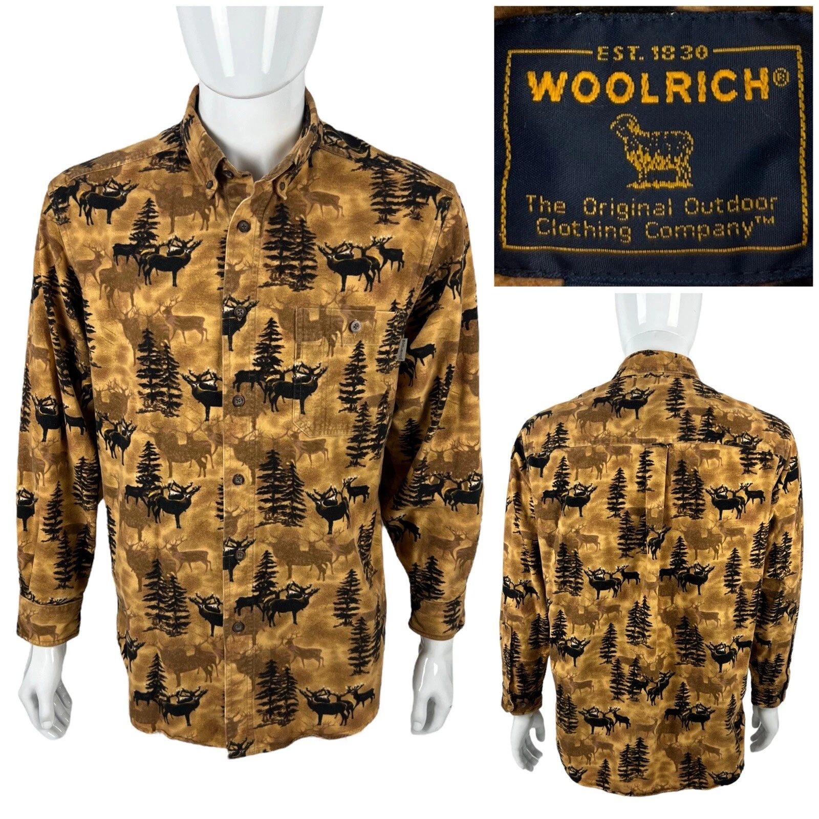 Woolrich Mens Medium Shirt Flannel Deer Print Long Sleeve Dark Wheat Whitetail