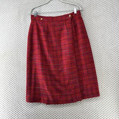 Vintage Tweed Skirt Plaid Career Wear Knee Length A-Line Gold Button Detail USA