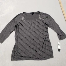 AB Studio Top Women's XL Gray Stretch Knit Ruffled Long Sleeve Pullover nwt