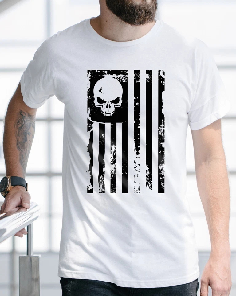 American Skull Flag Tee Patriotic Design USA T Shirt 100% Cotton - Image 2 of 4