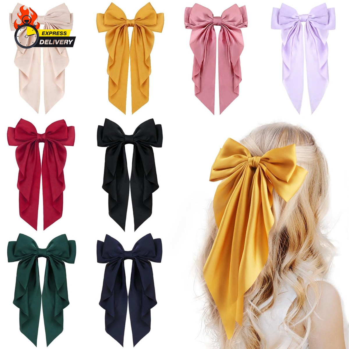 Large Satin Hair Bow Pack 8 Inch Oversized Knot French Barrette Hair Clips Amazon.com : 8 Pack Large Hair Bows for Women Big Bow Hair  main image 3