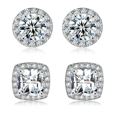 925 Sterling Silver Round Square Cubic Zirconia Halo Stud Earrings 2 Pair Set 