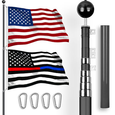 25Ft Telescoping Flagpole BLK & American and Thin Blue Red Line Flags Spun 3x5Ft