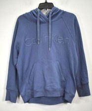 Calvin Klein Women Blue Spellout Logo Long Sleeve Drawstring Hoodie Sweatshirt S