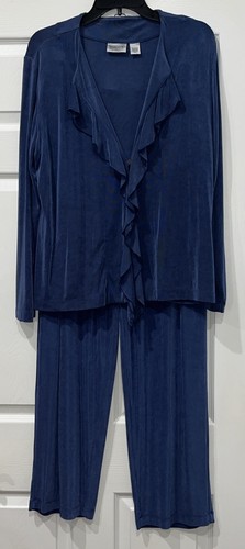 Chico's Travelers Pant Suit Women's Size 2 US Large Blue Knit Slinky Ruffles