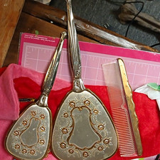 Vintage Metal  Glass Vanity Set Hand Mirror, Hair Brush  Comb Floral